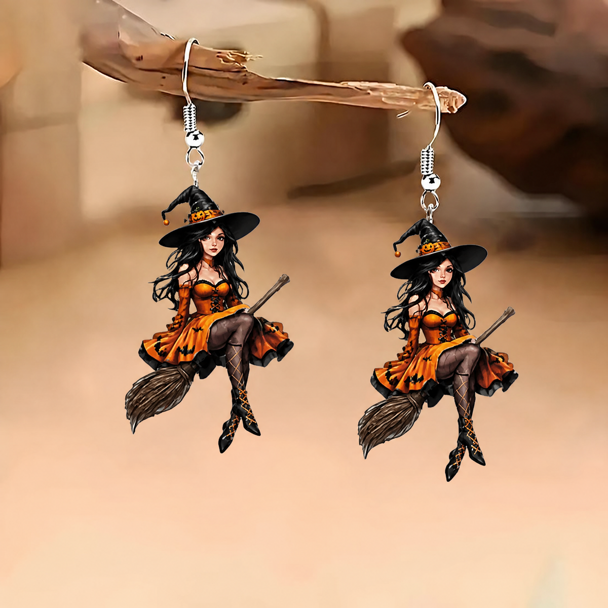 Beautiful Witch Riding Broomstick Halloween Acrylic Earrings