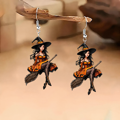 Beautiful Witch Riding Broomstick Halloween Acrylic Earrings
