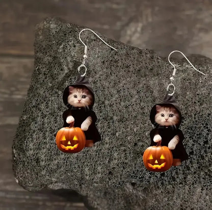 Vintage Witch Cat Pumpkin Dangle Earrings