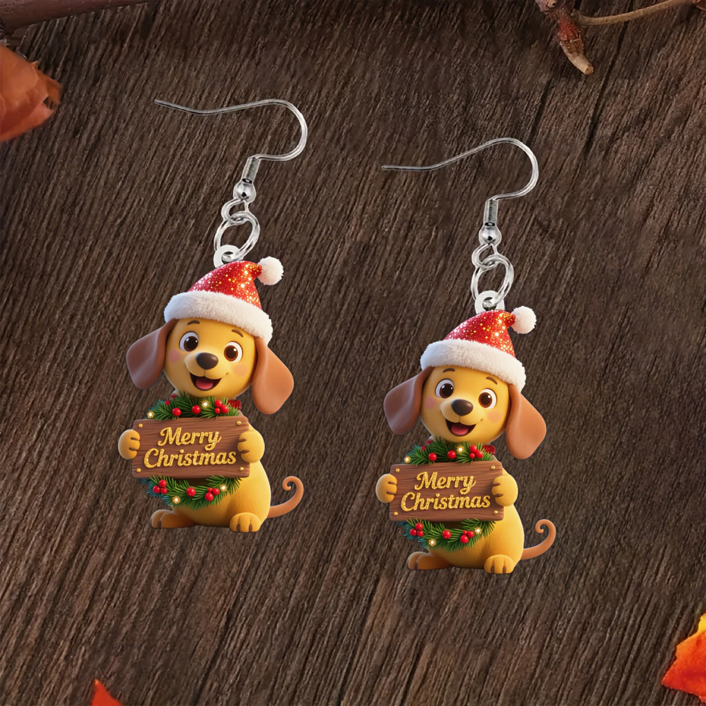 Christmas Cute Dog With Merry Christmas  Earrings