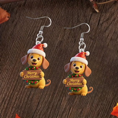 Christmas Cute Dog With Merry Christmas  Earrings
