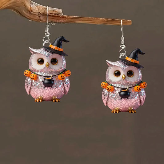 Pink Glitter Owl Witch Hat Pumpkin Lights Magic Cauldron Halloween Earrings