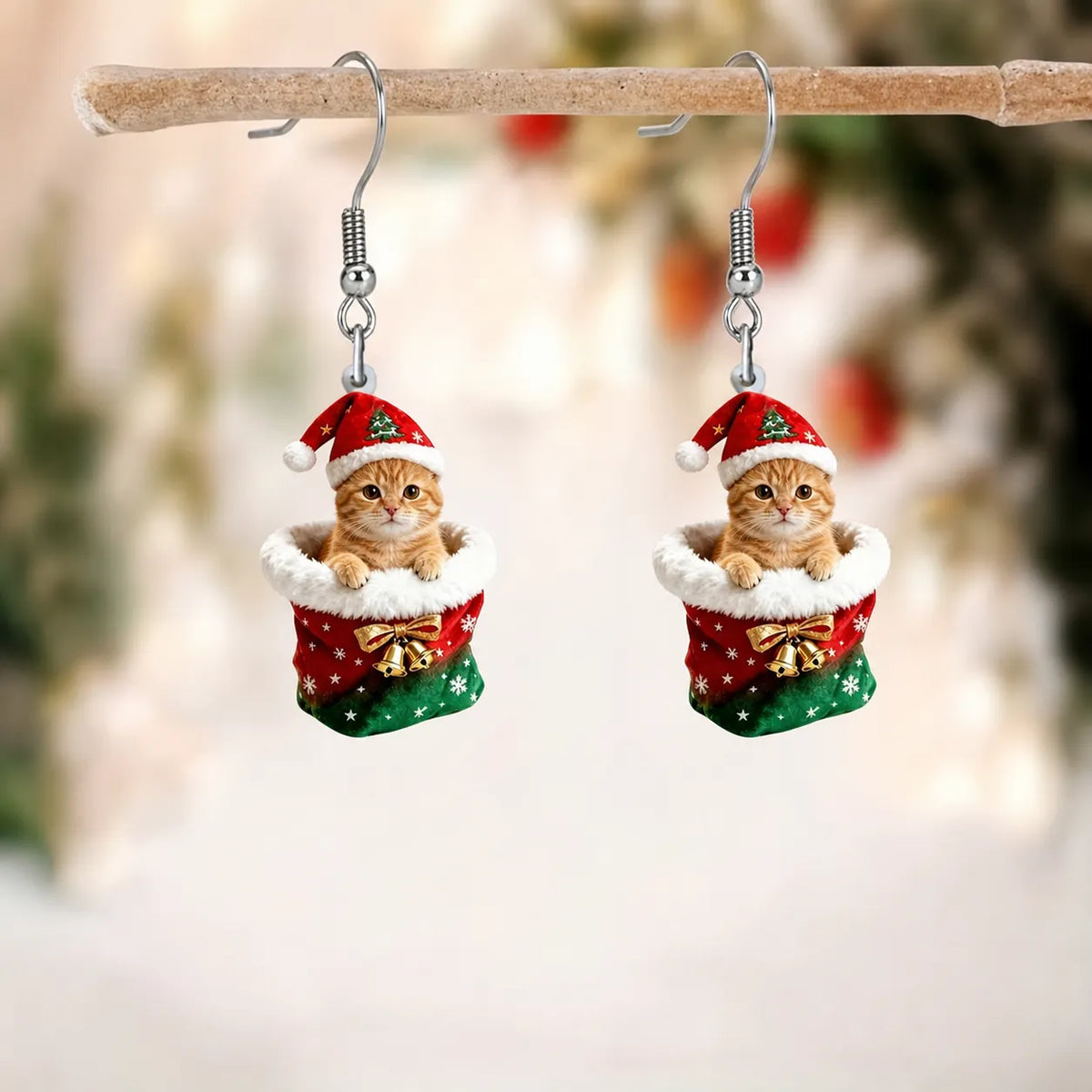 Christmas Stocking Cat Dangle Earrings