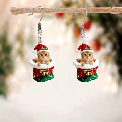 Christmas Stocking Cat Dangle Earrings