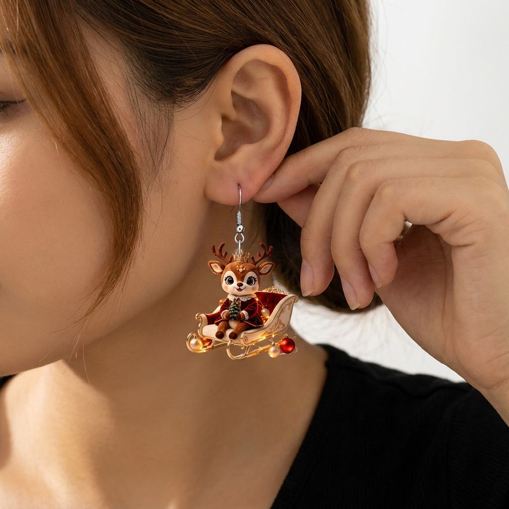 Crown Reindeer On Christmas Sleigh Dangle Earrings