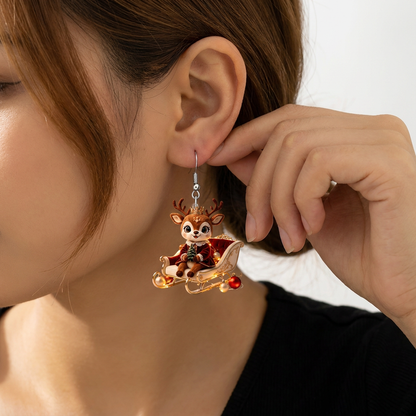 Crown Reindeer On Christmas Sleigh Dangle Earrings