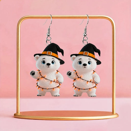 White Polar Bear Witch Hat Wrapped In Halloween String Lights Earrings