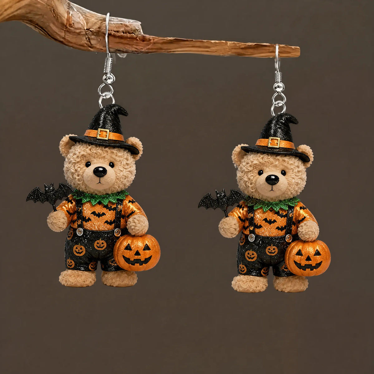 Teddy Bear Witch Hat Bat Print Overalls Halloween Earrings