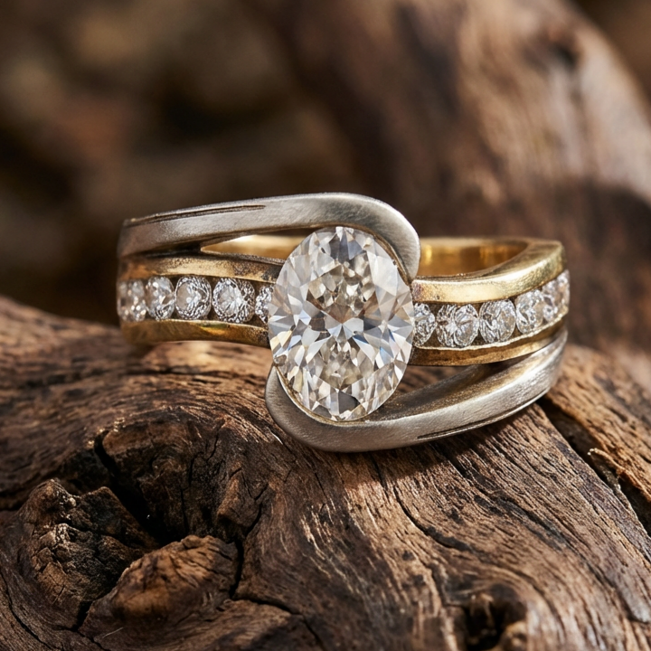 Two Tone Inlaid Goose Egg Shaped Zircon Ring