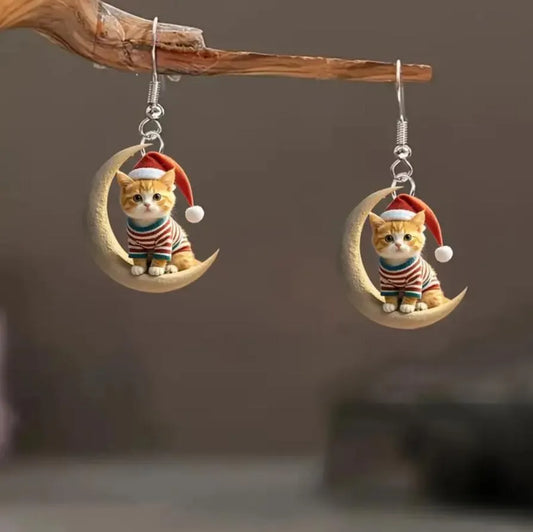 Christmas Moon Orange Cat Earrings