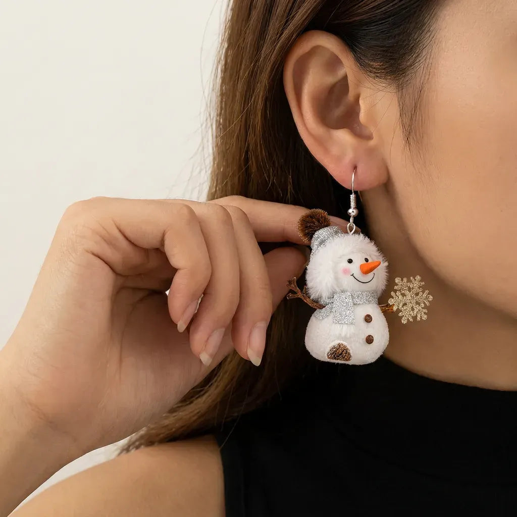 Furry Snowman With Snowflake Christmas Dangle Earrings