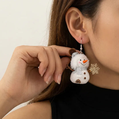 Furry Snowman With Snowflake Christmas Dangle Earrings