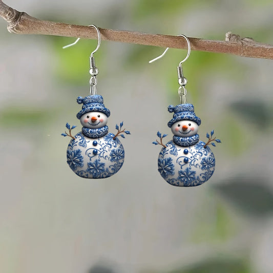 Christmas Winter Blue & White Snowflake Design Snowman Earrings