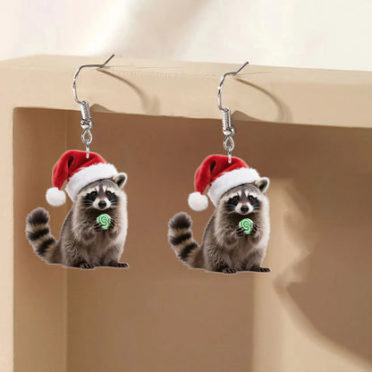 Christmas Raccoon Earrings - Red Hat & Green Candy Design