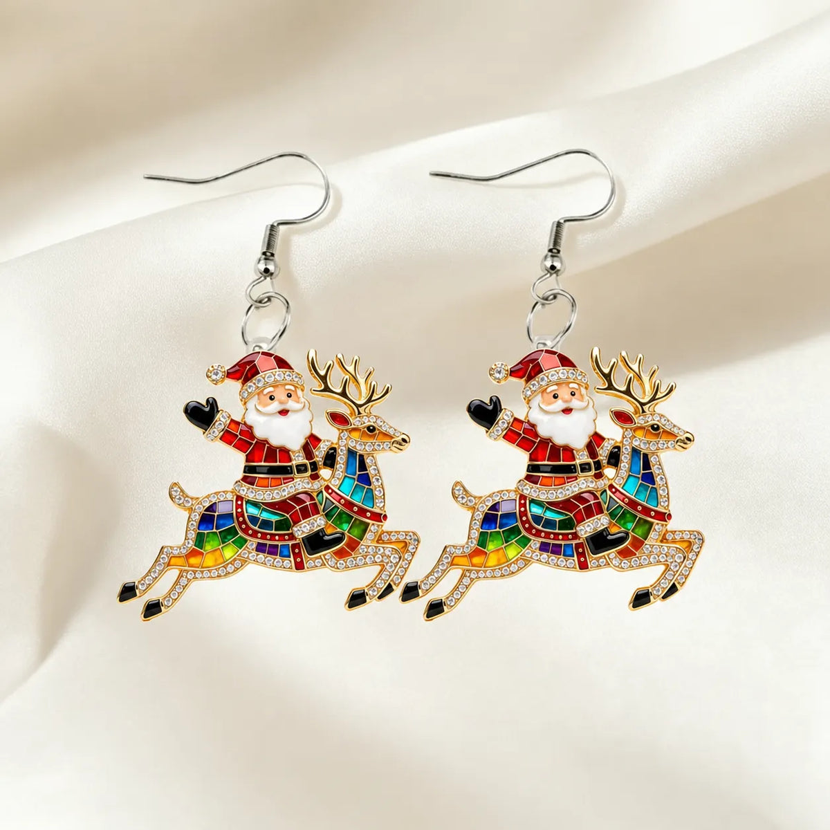 Stained Glass Santa Riding Reindeer Dangle Earrings