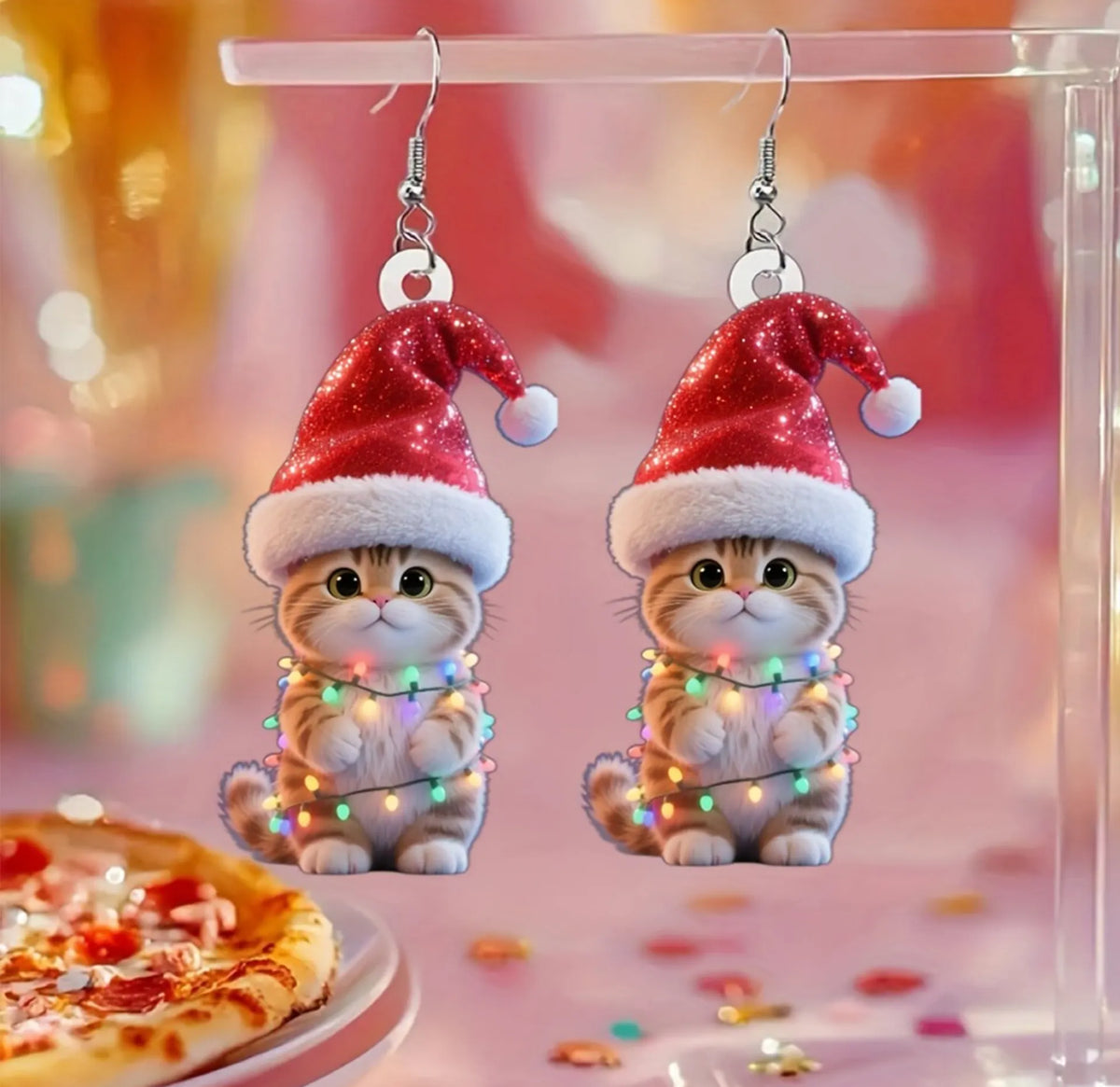 Christmas Light Bulb Cat Christmas Hat Earrings