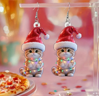 Christmas Light Bulb Cat Christmas Hat Earrings