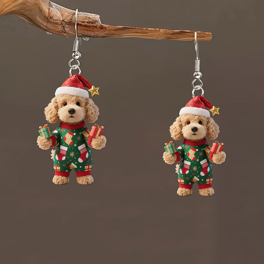 Christmas Cute Puppy Dog Handing Gift Earrings