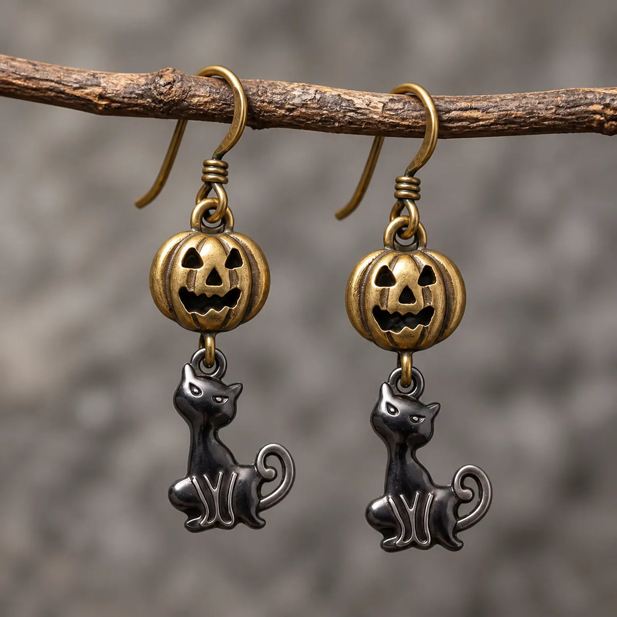 Vintage Pumpkin Black Cat Dangle Earrings