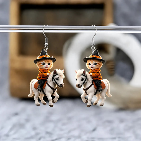 Cat Riding Horse Halloween Earrings