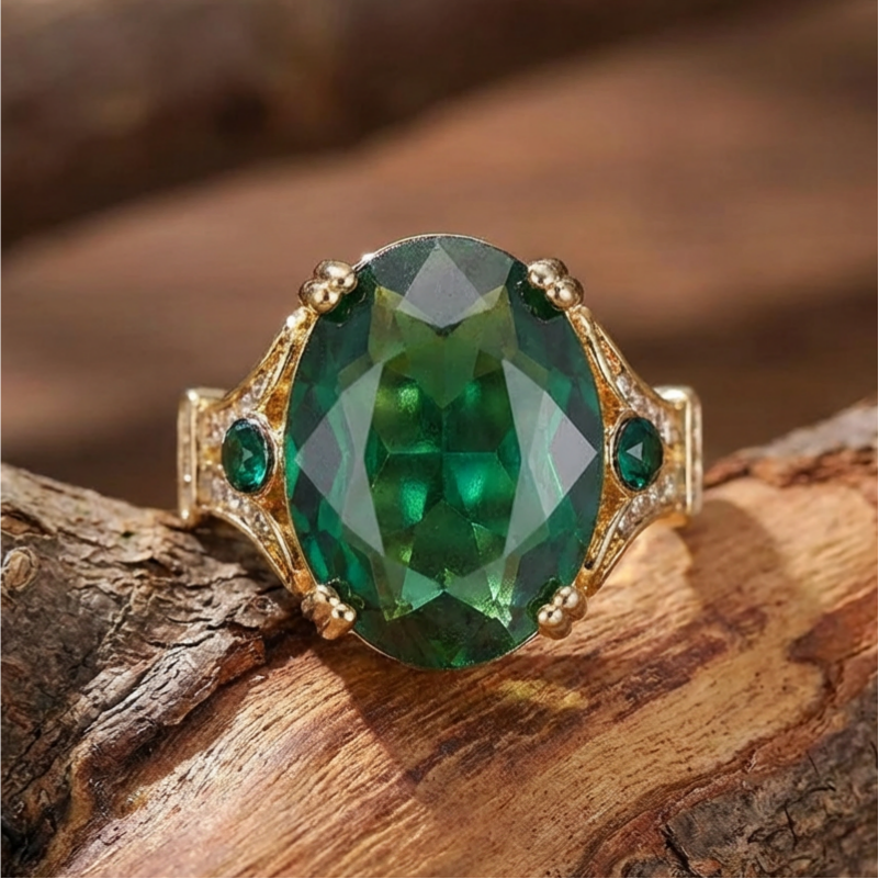 Vintage Green Bright Stone Golden Ring