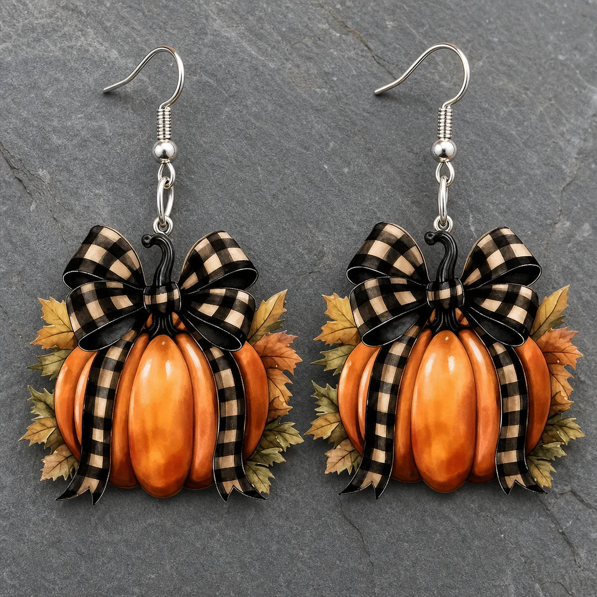 Vintage Plaid Bow Pumpkin Drop Earrings