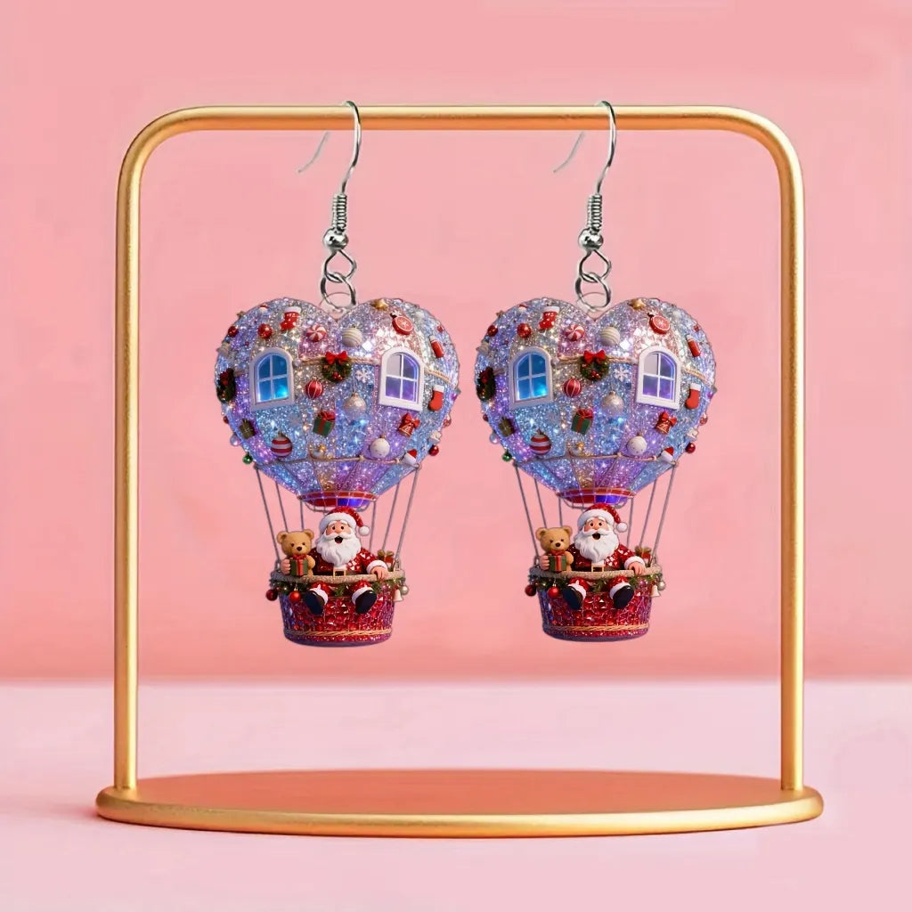 Christmas Santa Claus in Hot Air Balloon Design Earrings