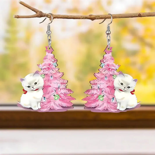 Pink Christmas Tree Earrings