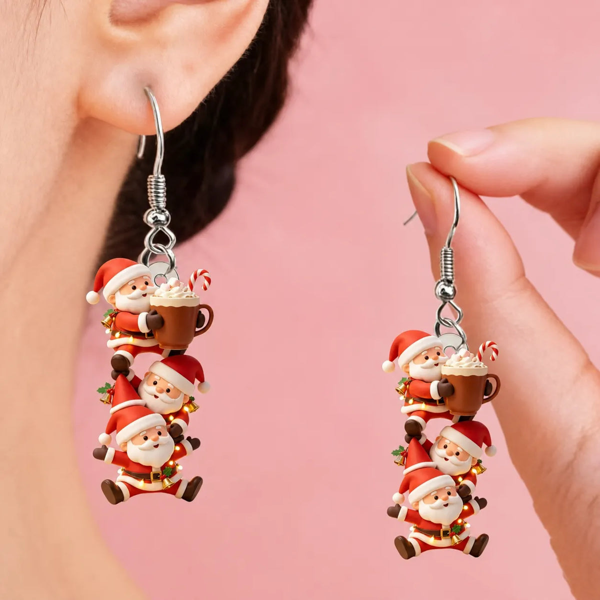 Stacked Santa Hot Cocoa Cup Dangle Earrings