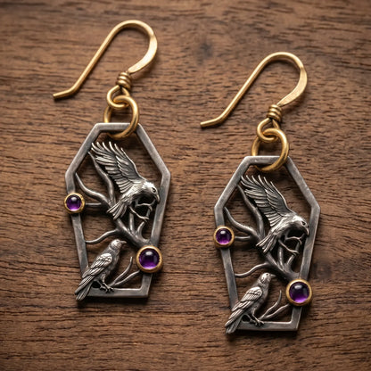 Vintage Coffin Double Raven Amethyst Drop Earrings