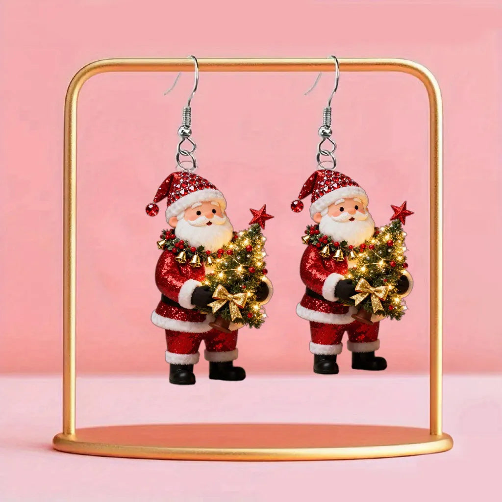 Christmas Santa Claus Holding Christmas Tree Design Earrings