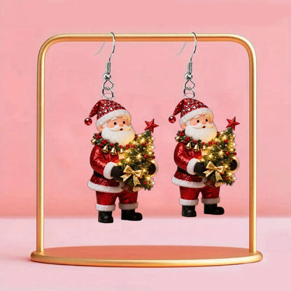 Christmas Santa Claus Holding Christmas Tree Design Earrings