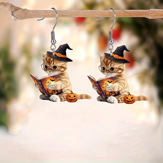 Witch Orange Tabby Cat Reading Book Pumpkin Halloween Acrylic Earrings