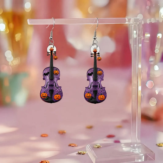 Purple Violin Pumpkin Bat Halloween Acrylic Earrings