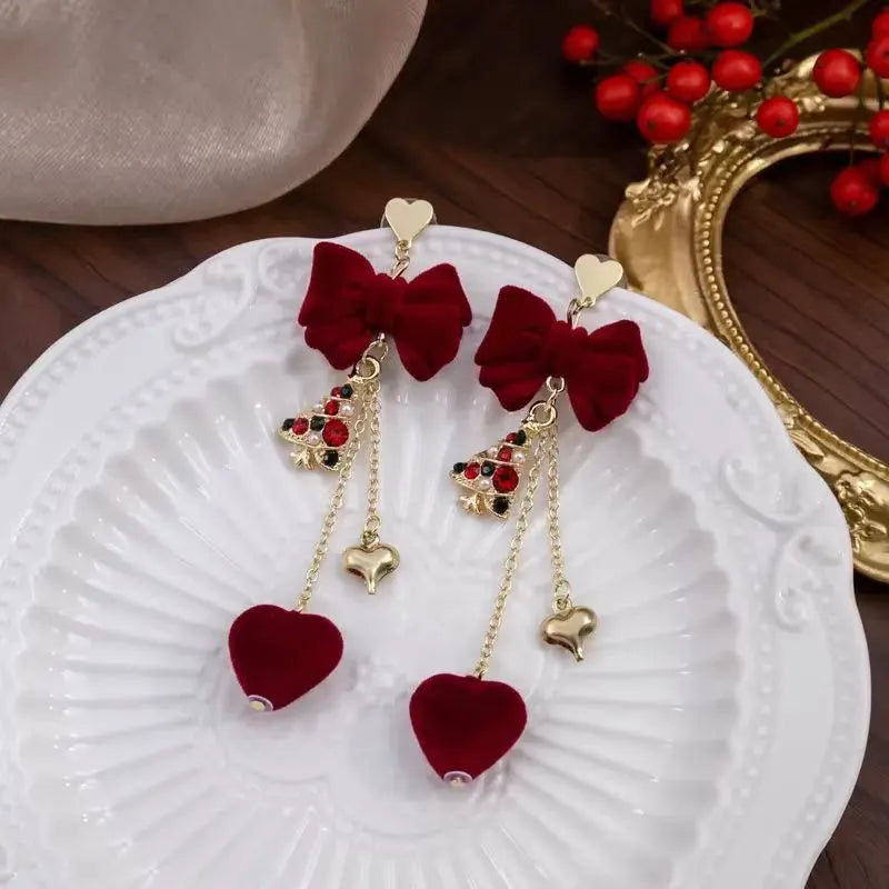 Wine Red Christmas Tree Bow Earrings
