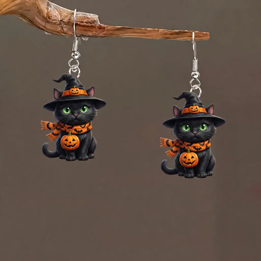 Black Witch Cat With Pumpkin Halloween Earrings
