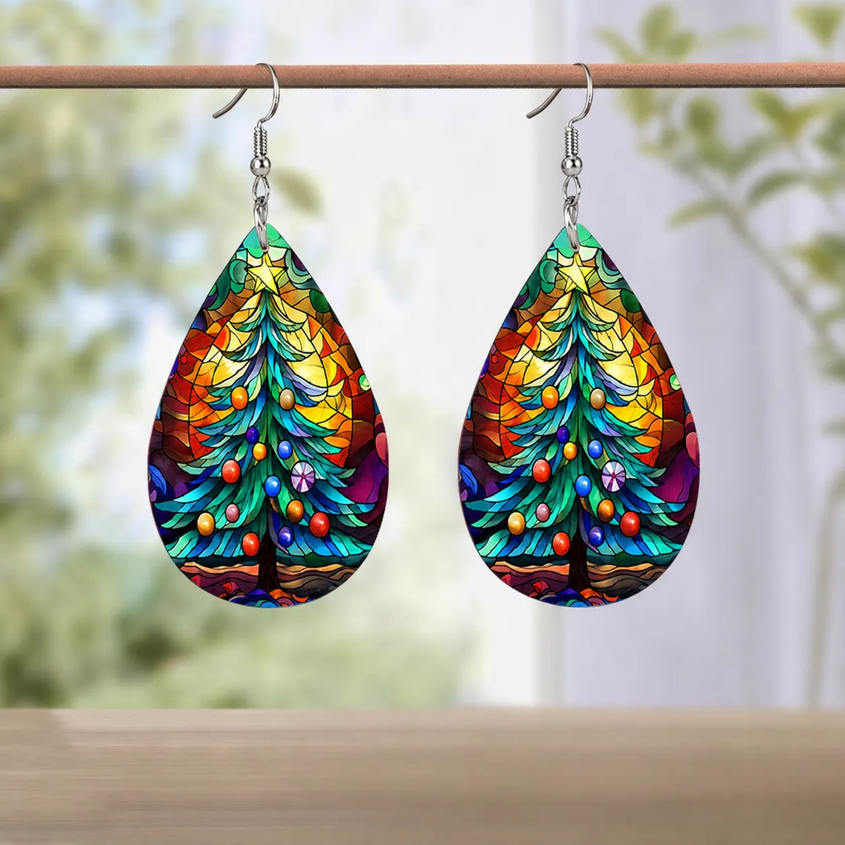 Stained Glass Christmas Tree Teardrop Earrings