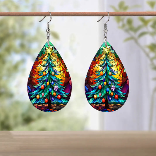 Stained Glass Christmas Tree Teardrop Earrings