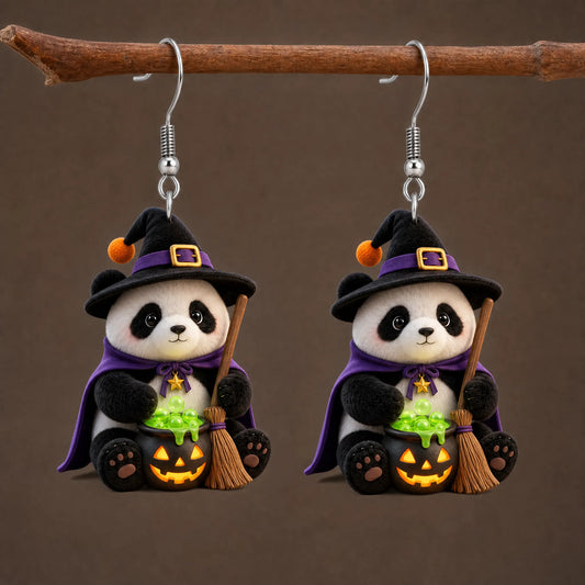 Witch Panda Magic Cauldron Halloween Earrings