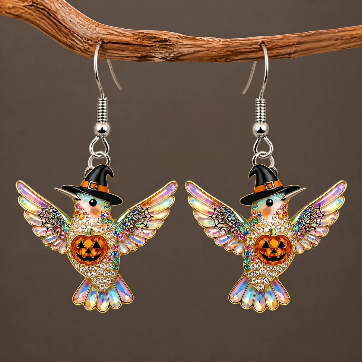 Rainbow Rhinestone Hummingbird Witch Hat Halloween Earrings