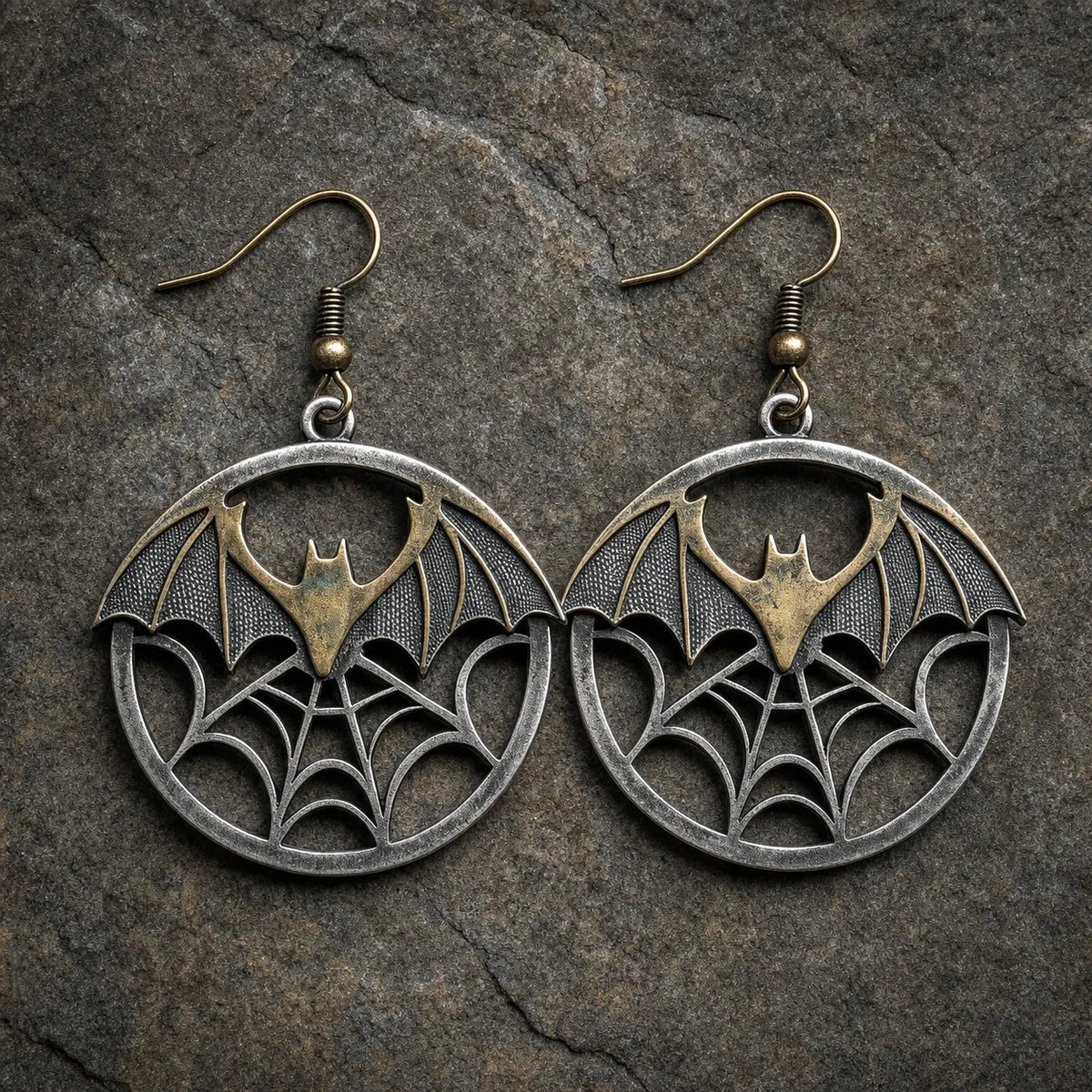 Vintage Bat & Spider Web Two-Tone Halloween Earrings