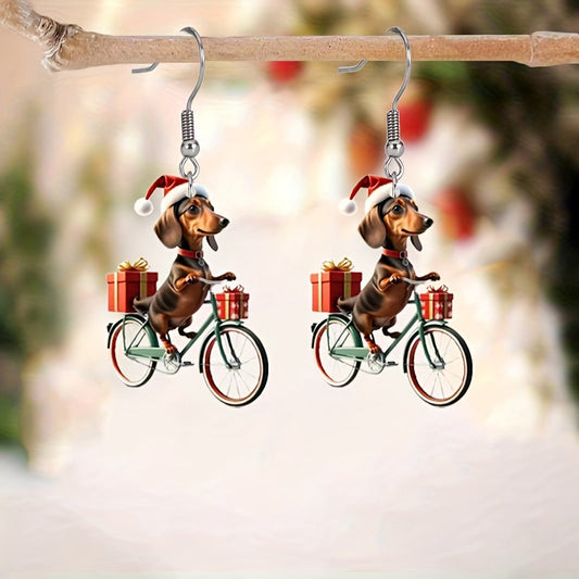 Christmas Cute Dachshund Bicycle Earrings
