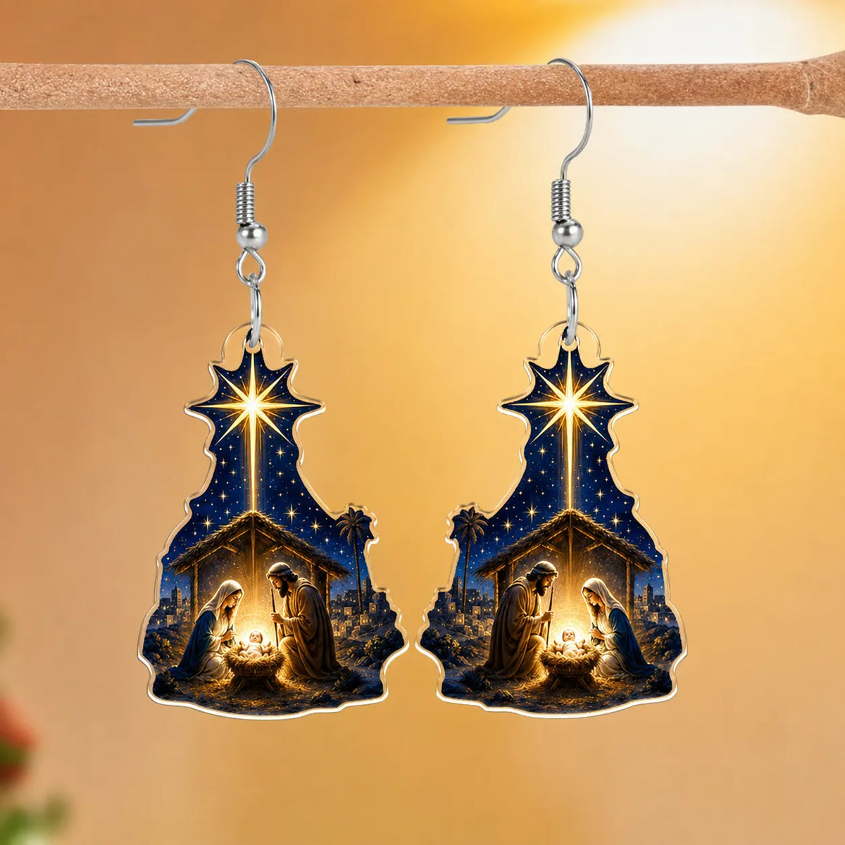 Christmas Nativity Scene Tree Shaped Earrings