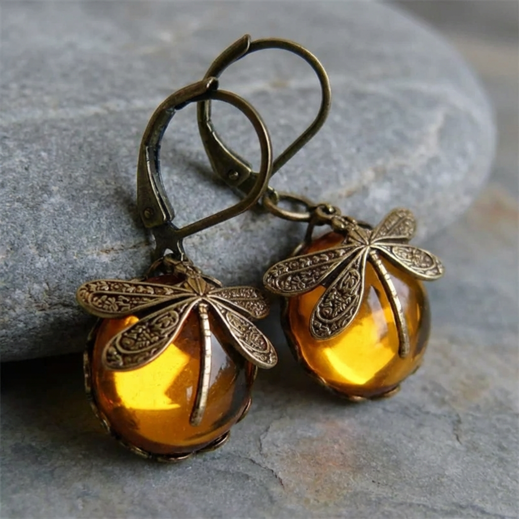 Spherical Dragonfly Earrings in Antique Gold