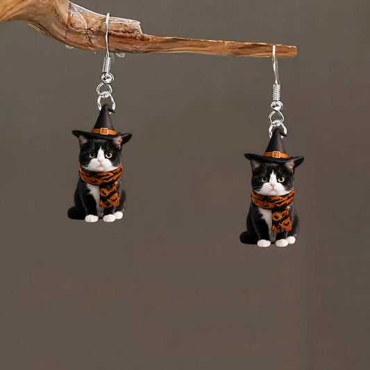 Tuxedo Cat Witch Hat Bat Pumpkin Scarf Halloween Earrings