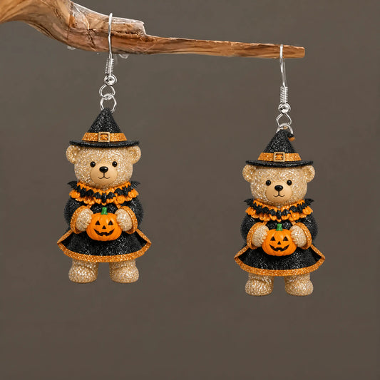 Glitter Teddy Bear Witch Outfit Holding Jack O Lantern Halloween Earrings