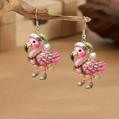 Christmas Watercolor Flamingo Acrylic Earrings