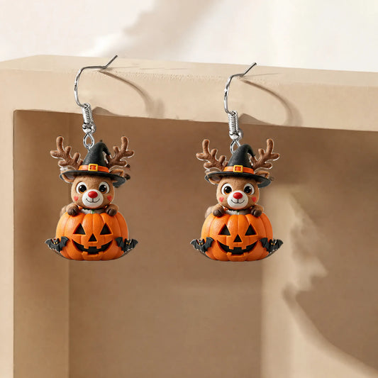 Reindeer In Pumpkin Halloween Earrings