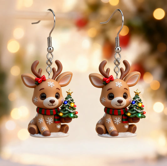Christmas Deer Holding Christmas Tree Earrings