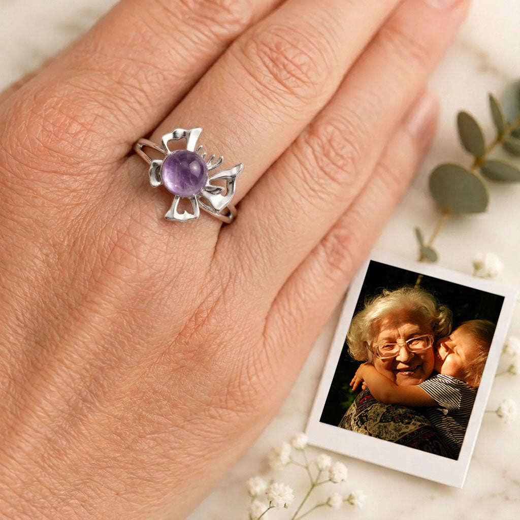 In Loving Memory - Sterling Silver Butterfly Crystal Orb Memorial Ring - 12 Birthstone Energy Keepsake
